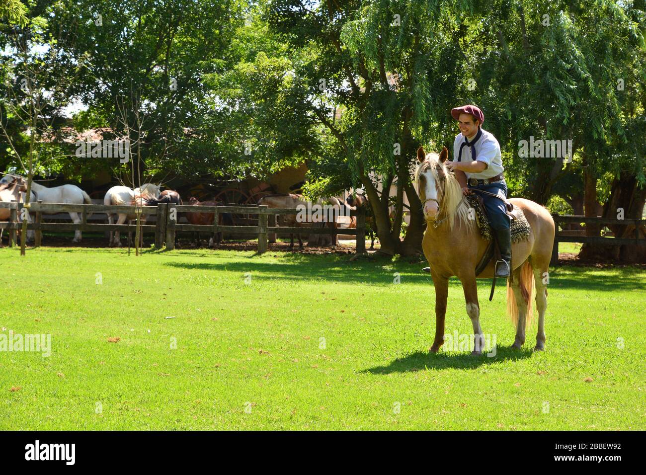 Estancia El Ombu de Areco, Argentinien 2019; Gaucho zeigt sein Leben und seine Arbeit auf einem typischen argentinischen Bauernhof, der sein Lieblingspferd reitet Stockfoto