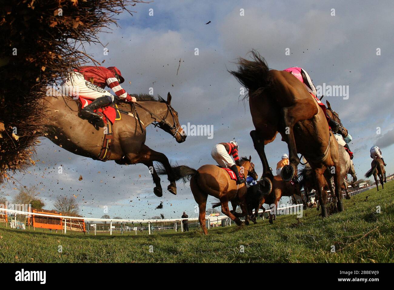 Das Feld springt während der Pertemps Handicap Hürde (Series Qualifier) Stockfoto