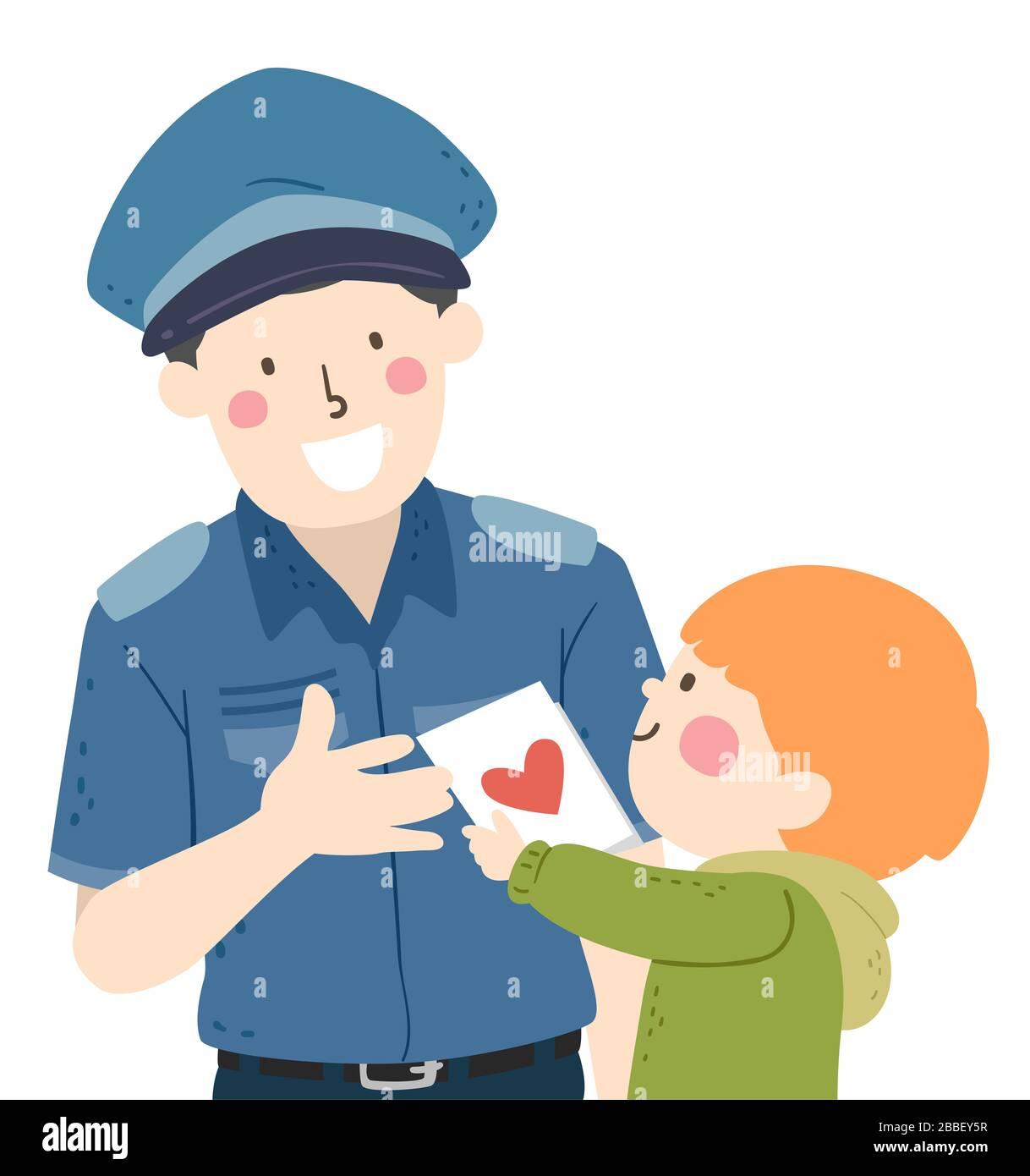 Abbildung: Ein Kid Boy, der einem Polizisten mit Herz eine "Appreciation Card" gibt Stockfoto