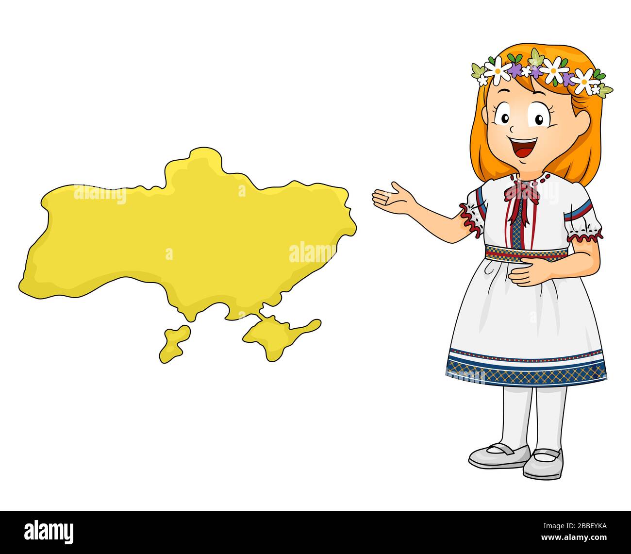 Abbildung eines Kid Girl mit traditionellem Kleid aus der Ukraine mit Blumenmuster Krone, die die Karte der Ukraine präsentiert Stockfoto