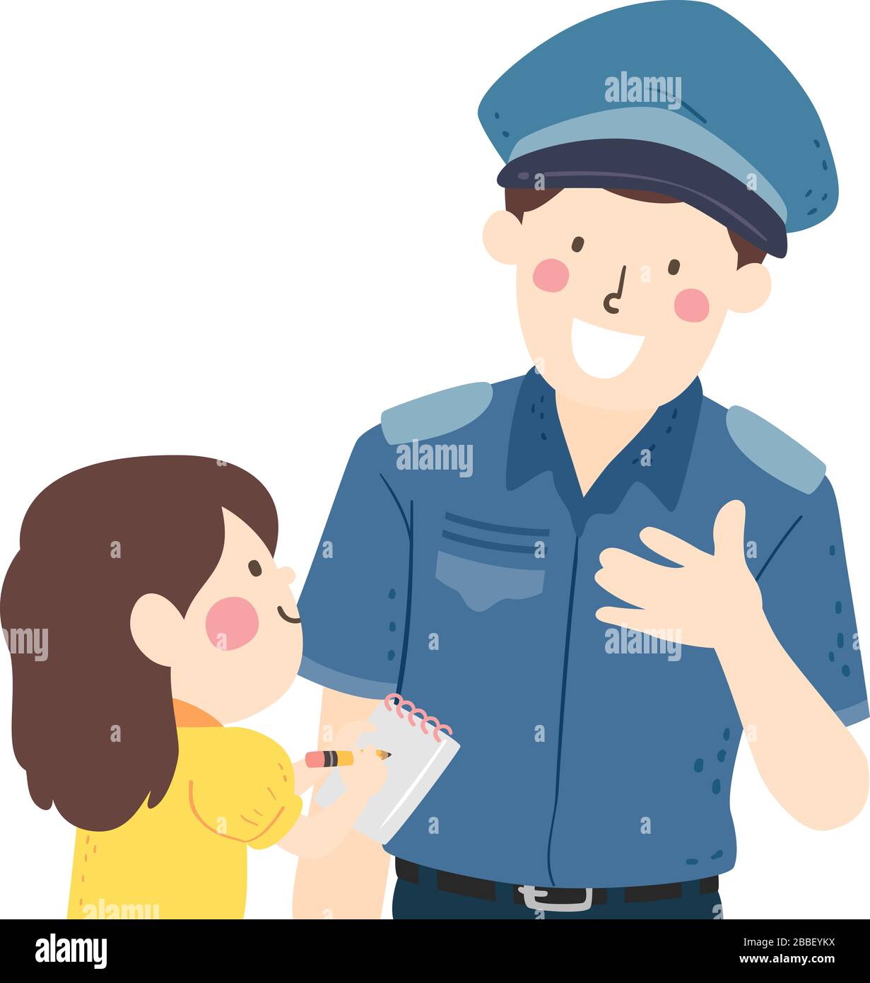 Abbildung: Ein Kindermädchen, der einen Polizeimann über seinen Job interviewt und Notizen aufschreibt Stockfoto