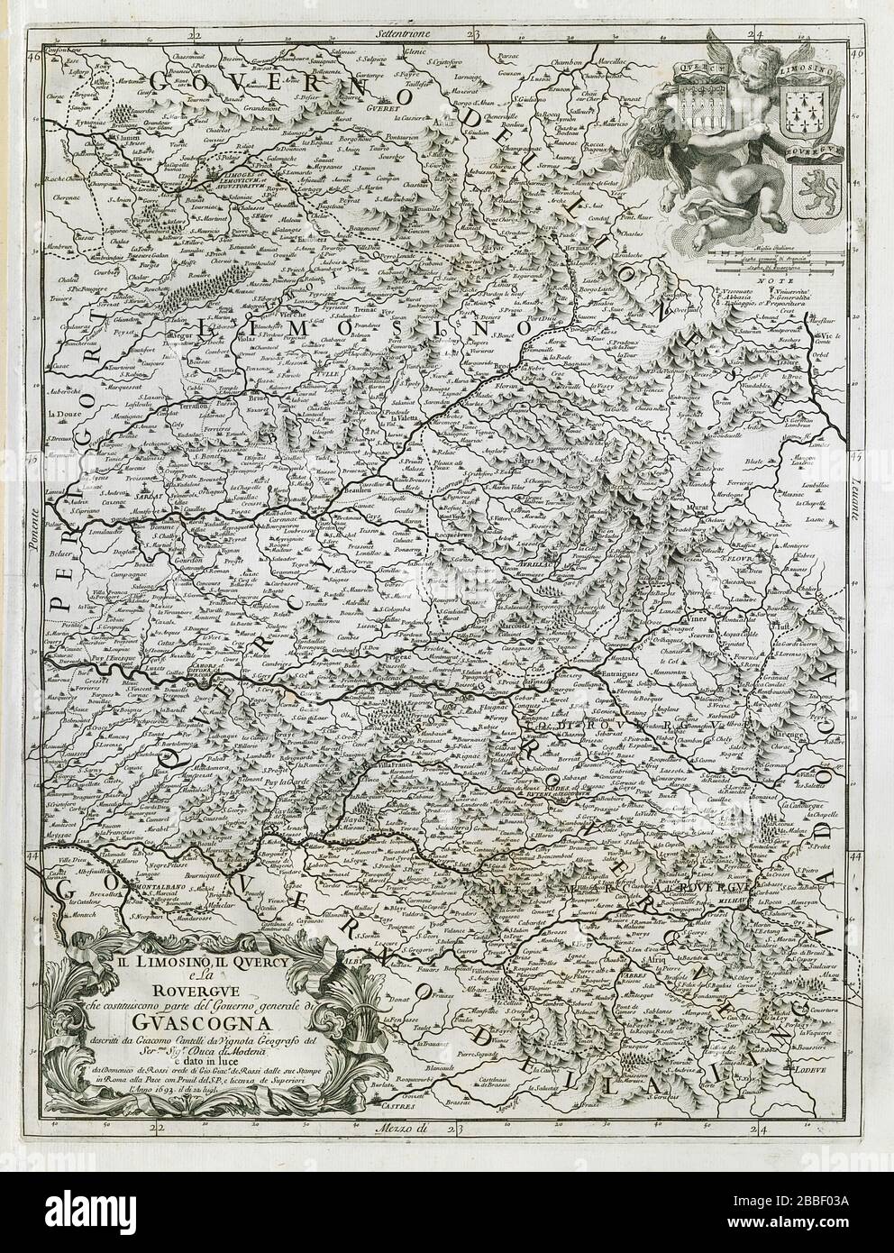 Il Limosino, Il Quercy e la Rouergue… Guascogna. Gascogne ROSSI/CANTELLI 1693 Karte Stockfoto