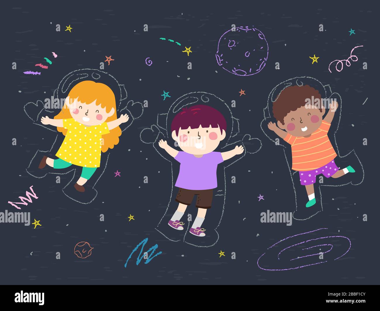 Abbildung: Kinder lächeln und tragen Doodle Astronaut Anzüge und schweben im Weltall Stockfoto