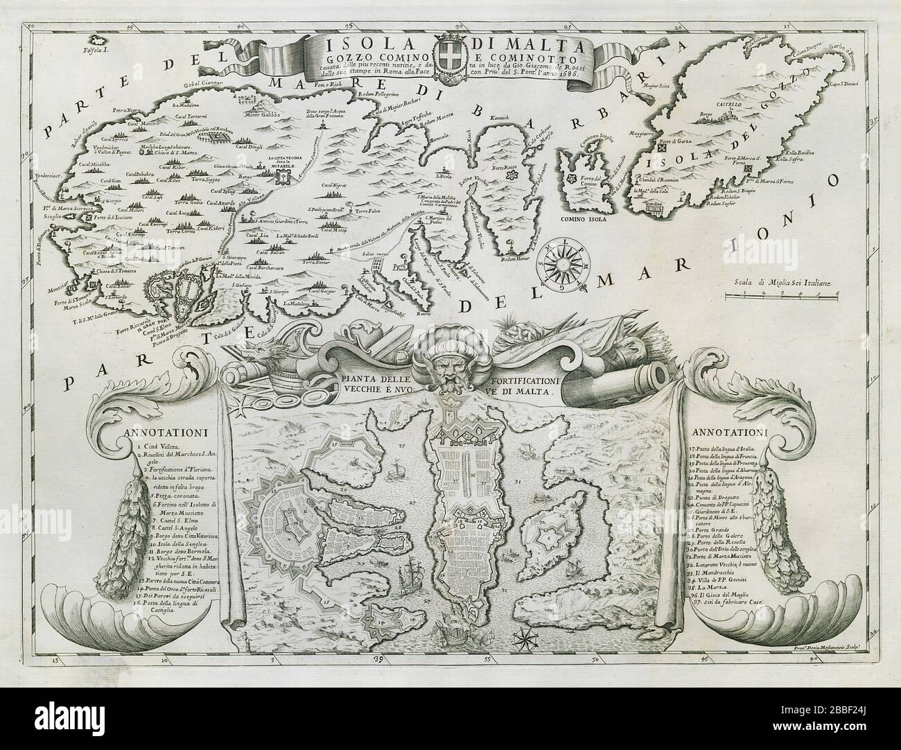 Isola di Malta, Gozo, Comino e Cominotto. DE ROSSI 1686 alte Karte Stockfoto