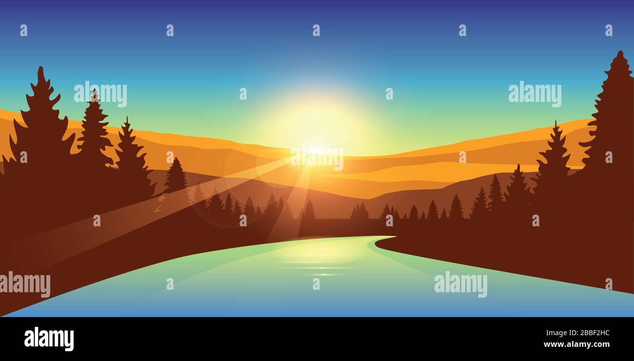 Fluss in einem Wald bei Sonnenaufgang Herbst Abenteuer Vektor Illustration EPS10 Stock Vektor