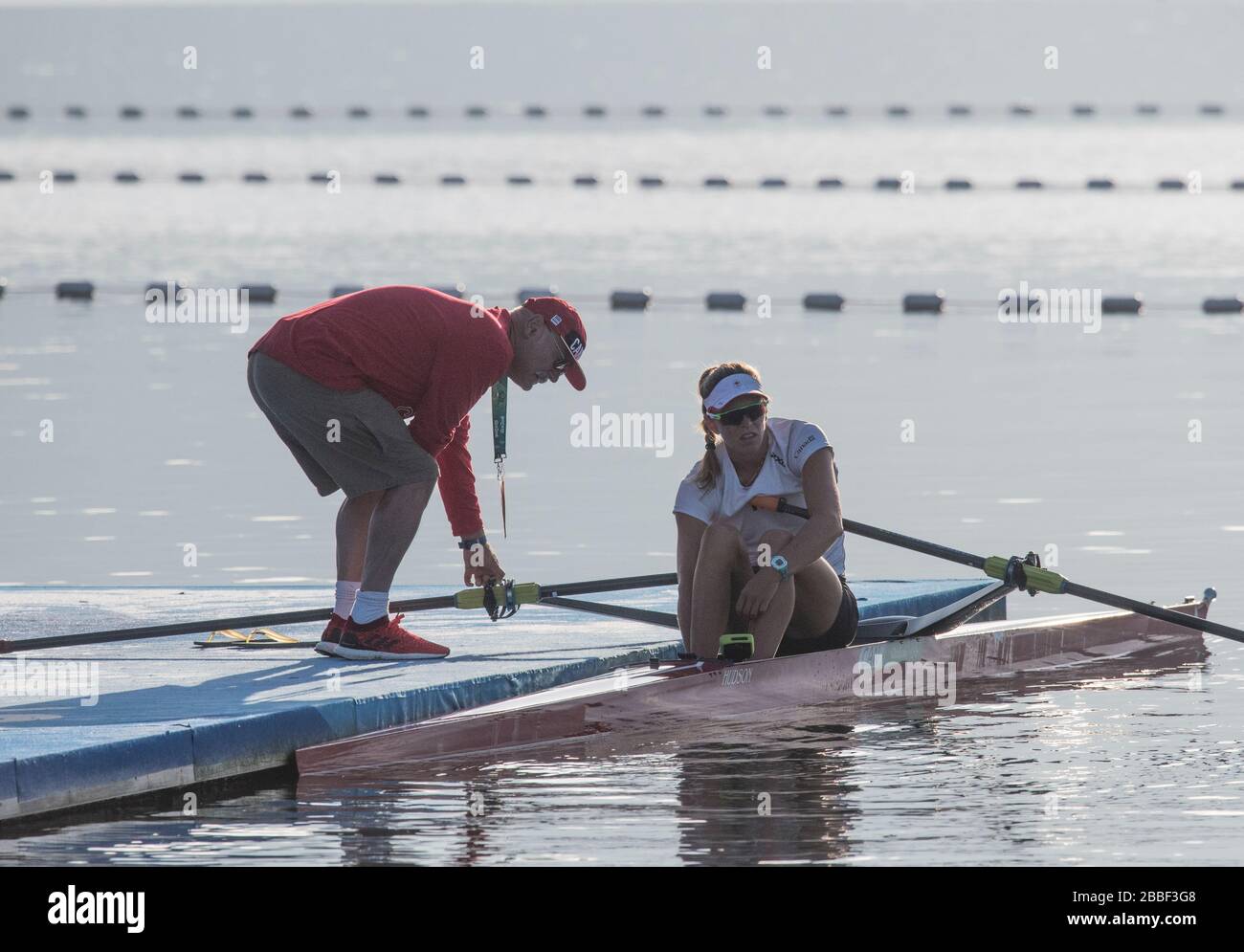 Rio de Janeiro. BRASILIEN. CAN W1X, Carling ZEEMAN und ihr Coach 2016 Olympic Rowing Regatta. Lagoa Stadium, Copacabana, "Olympische Sommerspiele" Rodrigo de Freitas Lagune, Lagoa. Samstag, 13.08.2016 [Pflichtgutschrift; Peter SPURRIER/Intersport Images] Stockfoto