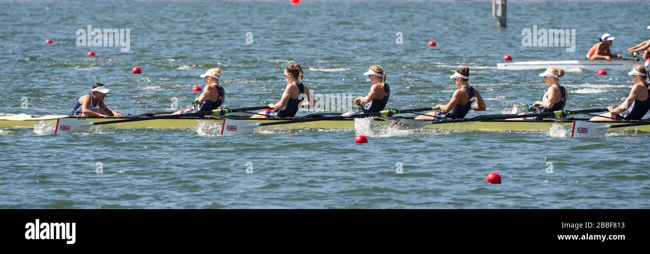 Rio de Janeiro. FINALE der FRAUEN IN BRASILIEN. Silbermedaillengewinner GBR W8+. Schleife. Katie GREVES, Melanie WILSON, Frances HOUGHTON, Polly SWANN, Jessica EDDIE, Olivia CARNEGIE-BROWN, Karen BENNETT, Zoe LEE und Zoe DE TOLEDO, 2016 Olympic Rowing Regatta. Lagoa Stadium, Copacabana, "Olympische Sommerspiele" Rodrigo de Freitas Lagune, Lagoa. Lokale Zeit 11:11:37 Samstag 13.08.2016 [Pflichtgutschrift; Peter SPURRIER/Intersport Bilder] Stockfoto