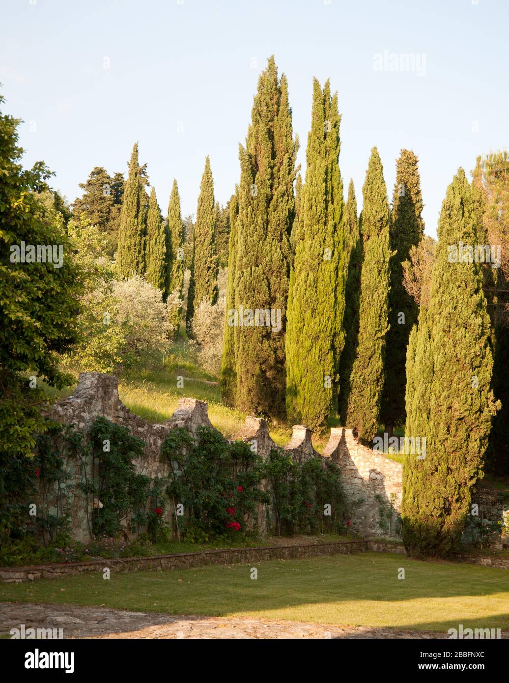 Garten und historische Villa in hügeliger toskanischer Landschaft, Toskana Italien Stockfoto