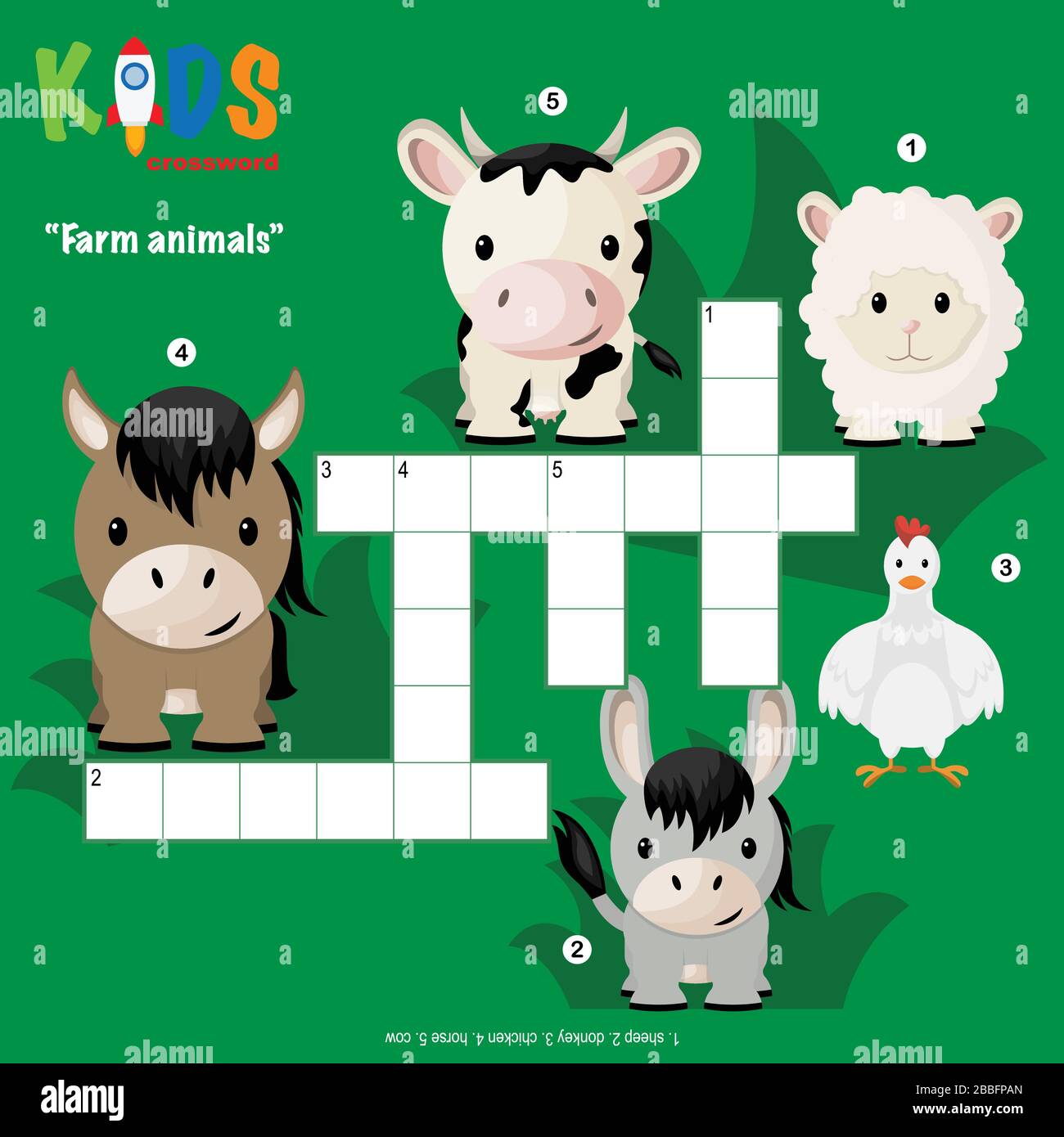 Einfaches Kreuzworträtsel "Farm Animals" für Kinder in der Grundschule und Mittelschule. Spaß beim Üben des Sprachverständnisses und erweitern des Vokabuls Stock Vektor