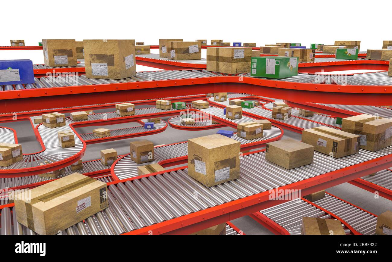 Industrielle Transportrollen mit verschiedenen Paketen verschiedener Größen. 3d Rendering. Industrie-, Logistik- und Fertigungsgüterkonzept. Stockfoto