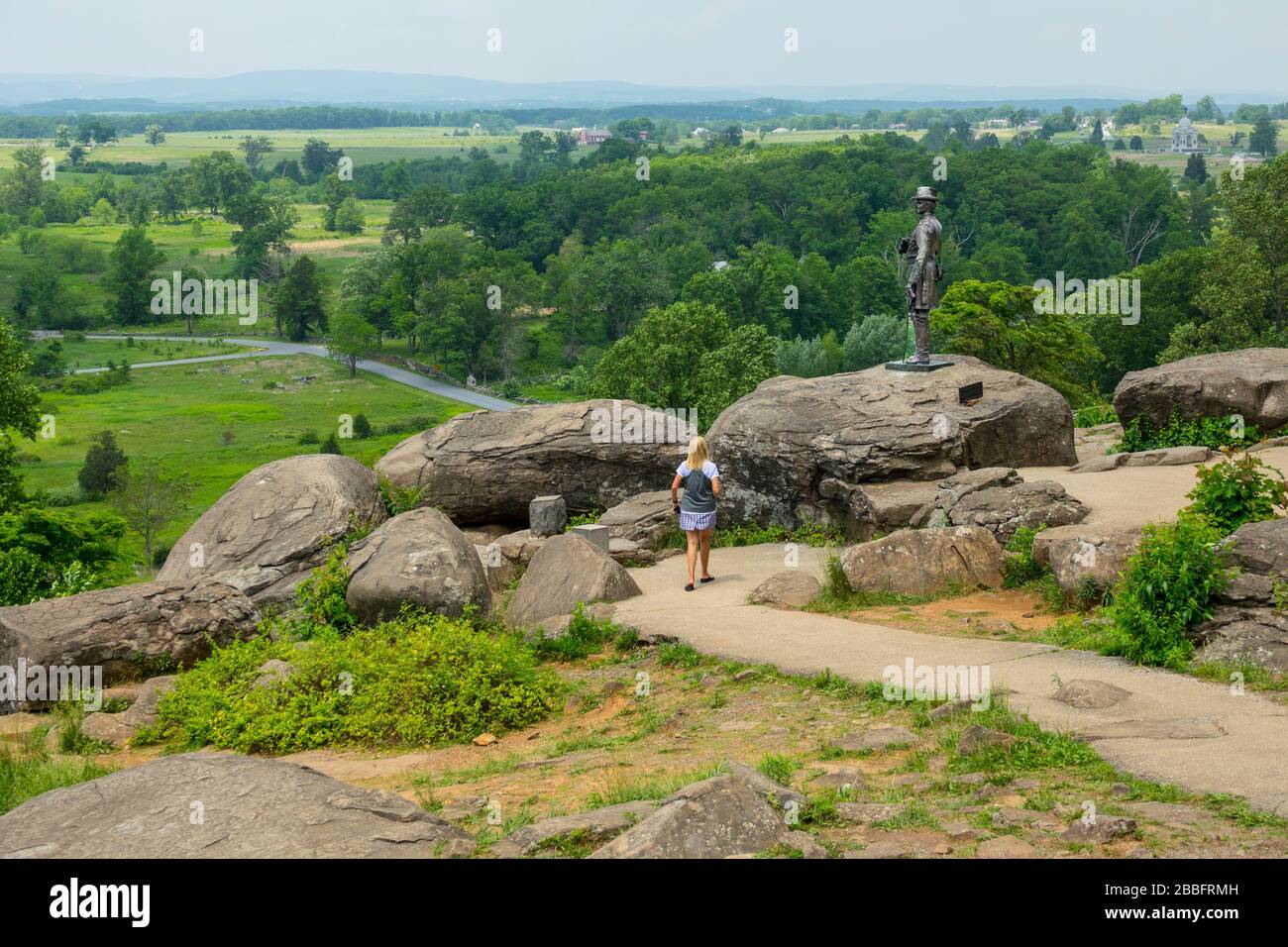 Porträtstatue von General Gouverneur K. Warren auf Little Round Top im Tal des Todes Gettysburg National Civil war Battlefield Military Park Pen Stockfoto