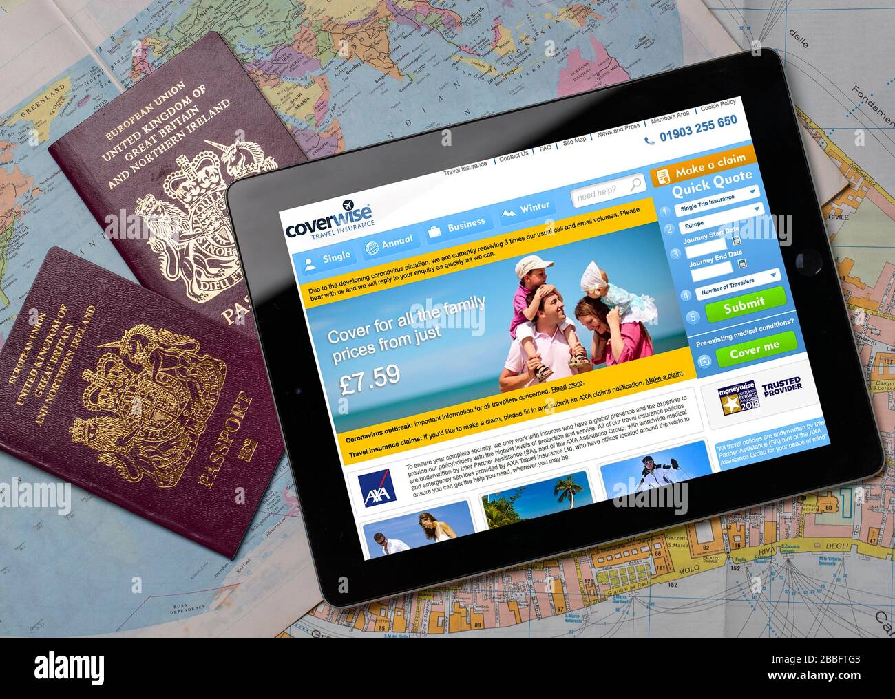 Coverwise Travel Insurance Website auf einem iPad oder Tablet. (Nur redaktionelle Verwendung) Stockfoto