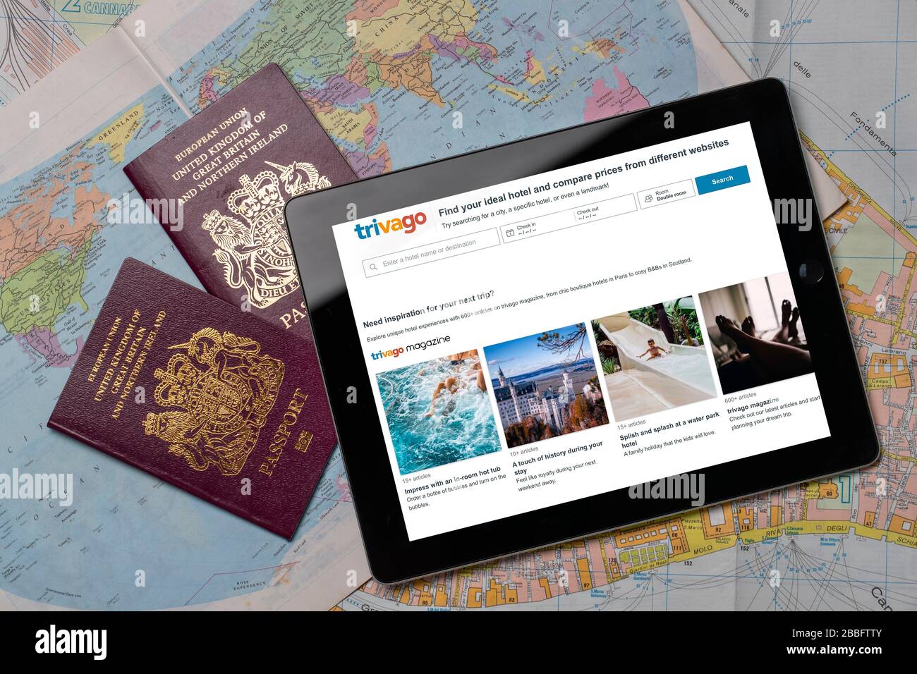 Trivago Travel Website auf einem iPad oder Tablet. (Nur redaktionelle Verwendung) Stockfoto