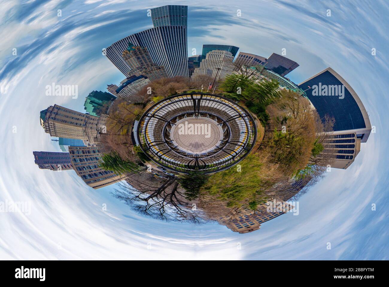 Panorama Little Planet manipulierte Designbild über die Skyline des Central Park in NYC Stockfoto