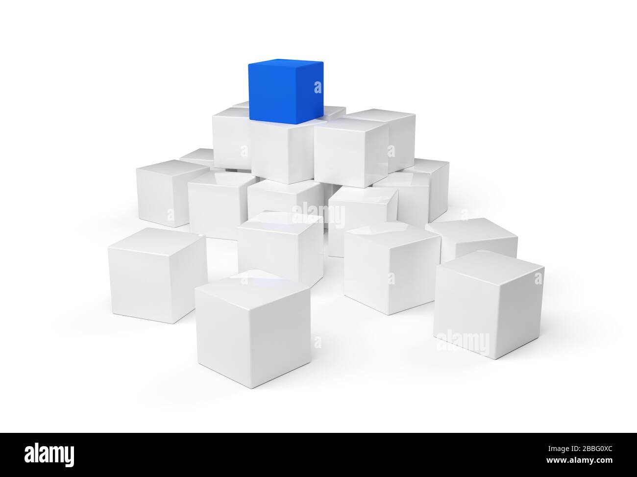 Blauer Würfel auf dem Haufen weißer Würfel über weißem Hintergrund - Softwaremodul, Teamarbeit oder das herausheben vom Crowd Leadership Konzept, 3D illust Stockfoto