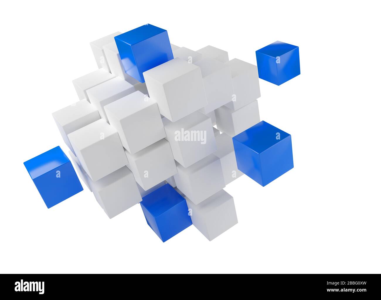 Blaue Würfel aus einem Haufen weißer Würfel über weißem Hintergrund - Softwaremodul, Teamarbeit oder das herausstehen aus dem Crowd Leadership Konzept, 3D Illustrati Stockfoto