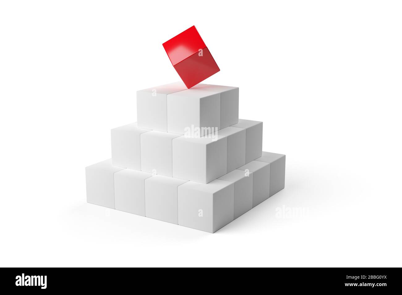 Roter Würfel auf der Pyramide aus weißen Würfeln über weißem Hintergrund - Softwaremodul, Teamarbeit oder das herausstehen aus dem Crowd Leadership Konzept, 3D illu Stockfoto