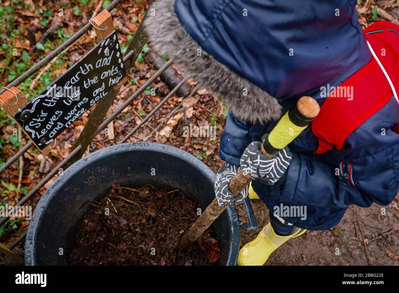 Kaukasischer Junge auf der Suche nach Insekten in einem Wald, Oxfordshire, Großbritannien Stockfoto
