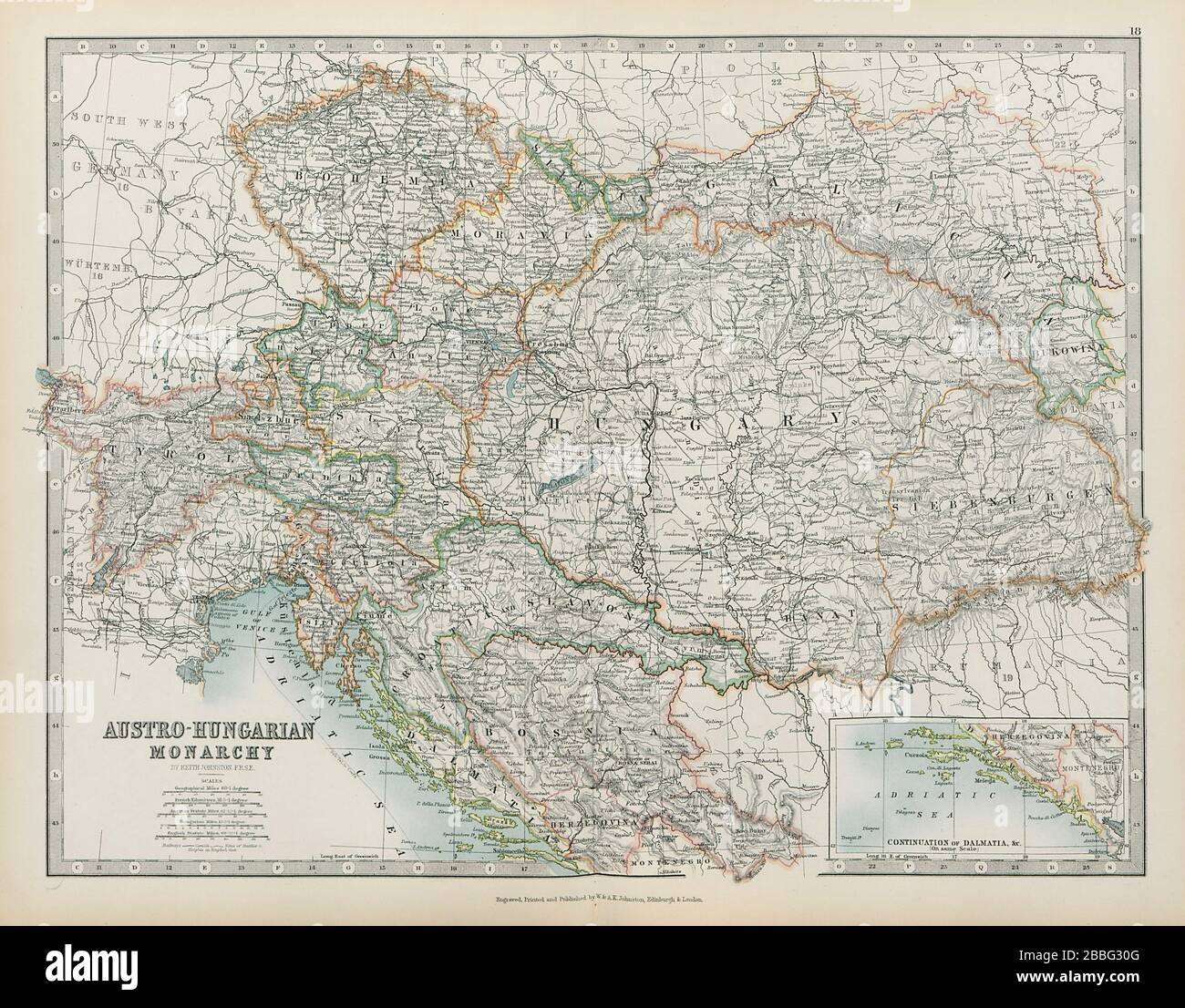 AUSTRO-UNGARISCHE MONARCHIE Provinzen Eisenbahn Kanäle JOHNSTON 1901 alte Karte Stockfoto
