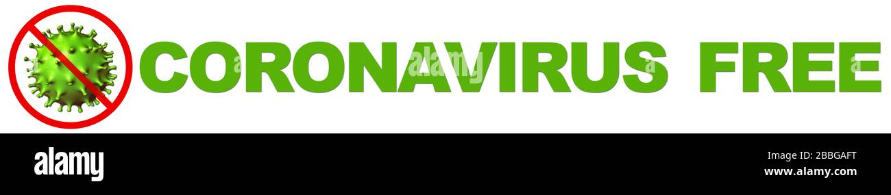 Banner der freien Zone von Covid 19 Coronavirus auf weißem Hintergrund. Konzept der antiviralen Heilung oder des Impfstoffs gegen Infektionen durch SARS-COV-2-Epidemie Stockfoto