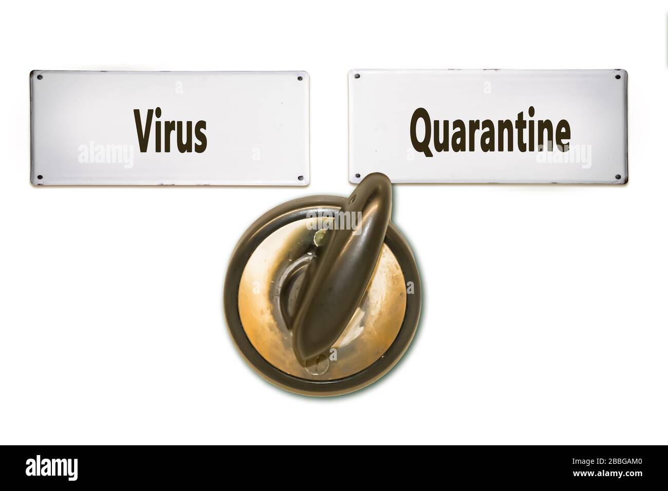 Street Sign The Way to Quarantäne versus Virus Stockfoto