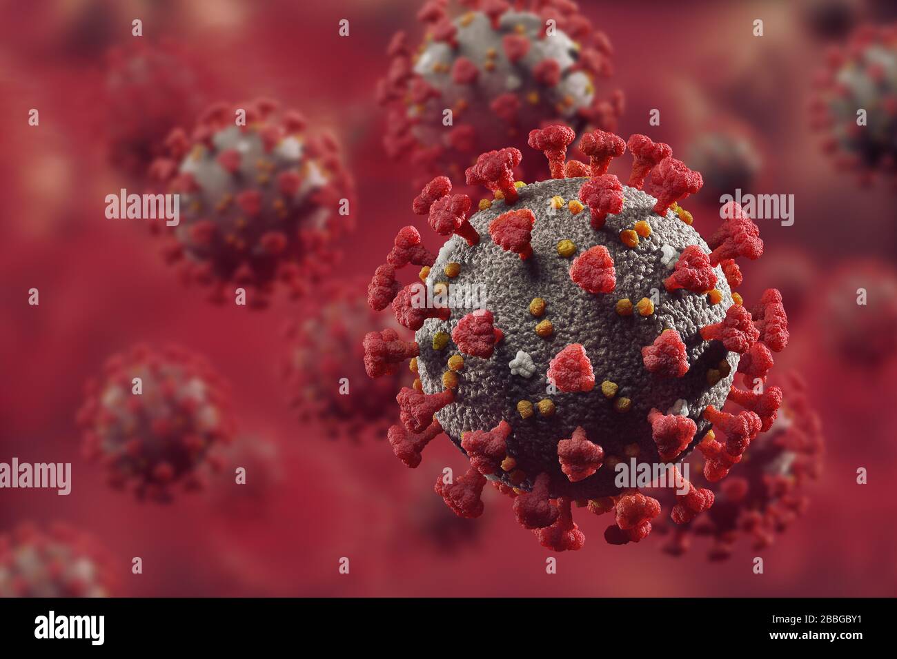 Coronavirus, COVID-19, Corona-Viruspartikel, Virionen in rotem Blutstrom. SARS-COV-2 künstlerische 3D-Illustration in Farbe. Stockfoto