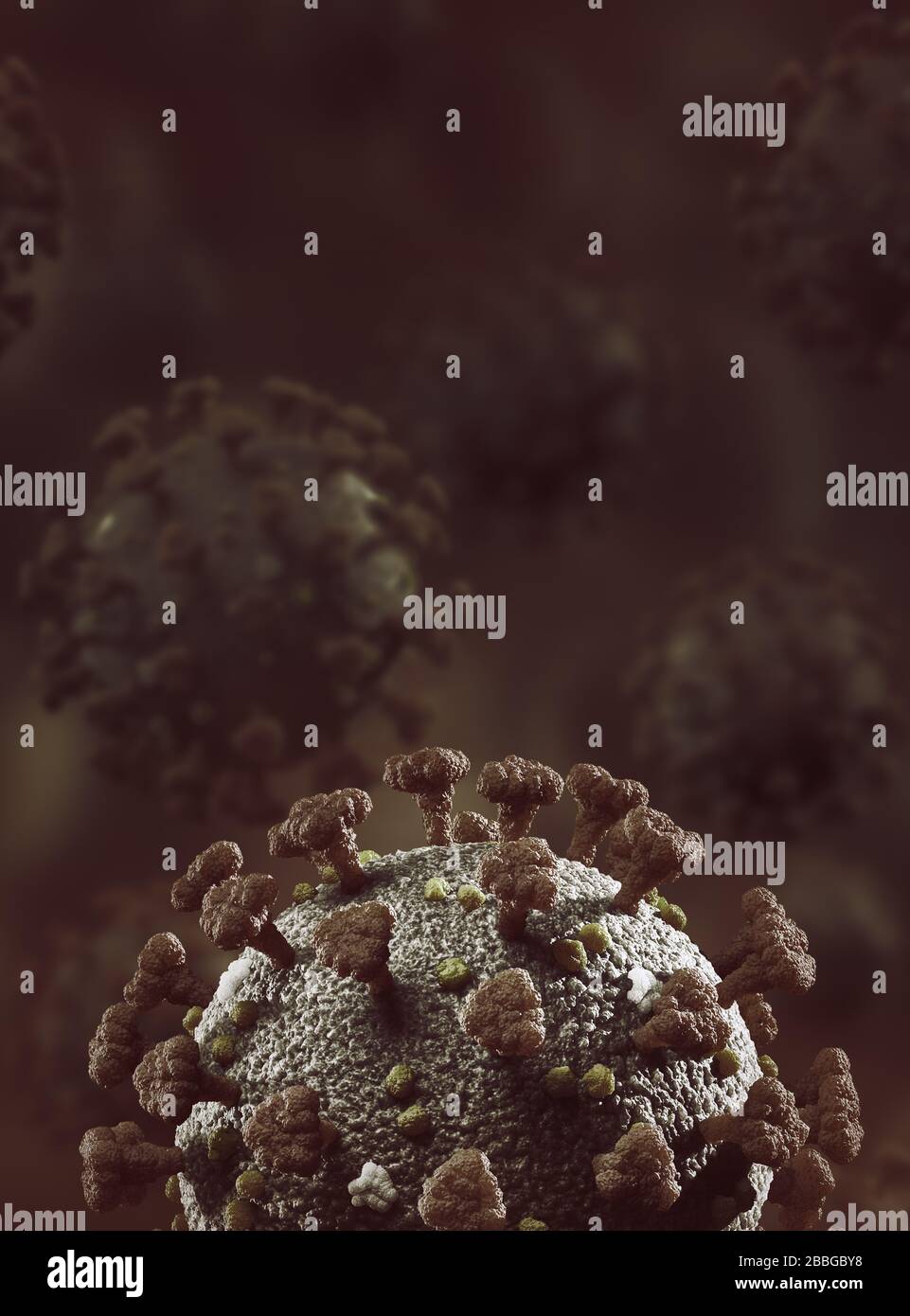 Coronavirus, COVID-19, Corona verbreitet Virus-Partikel, Virionen. SARS-COV-2 Artistic Medical 3D-Illustration in Farbe auf dunklem Hintergrund mit Kopie sp Stockfoto