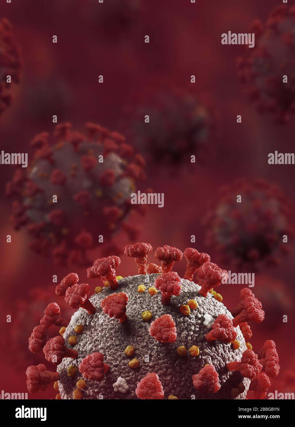 Coronavirus, COVID-19, Corona verbreitet Virus-Partikel, Virionen. SARS-COV-2 künstlerische medizinische 3D-Darstellung in Farbe auf dunkelrotem Bluthintergrund Stockfoto