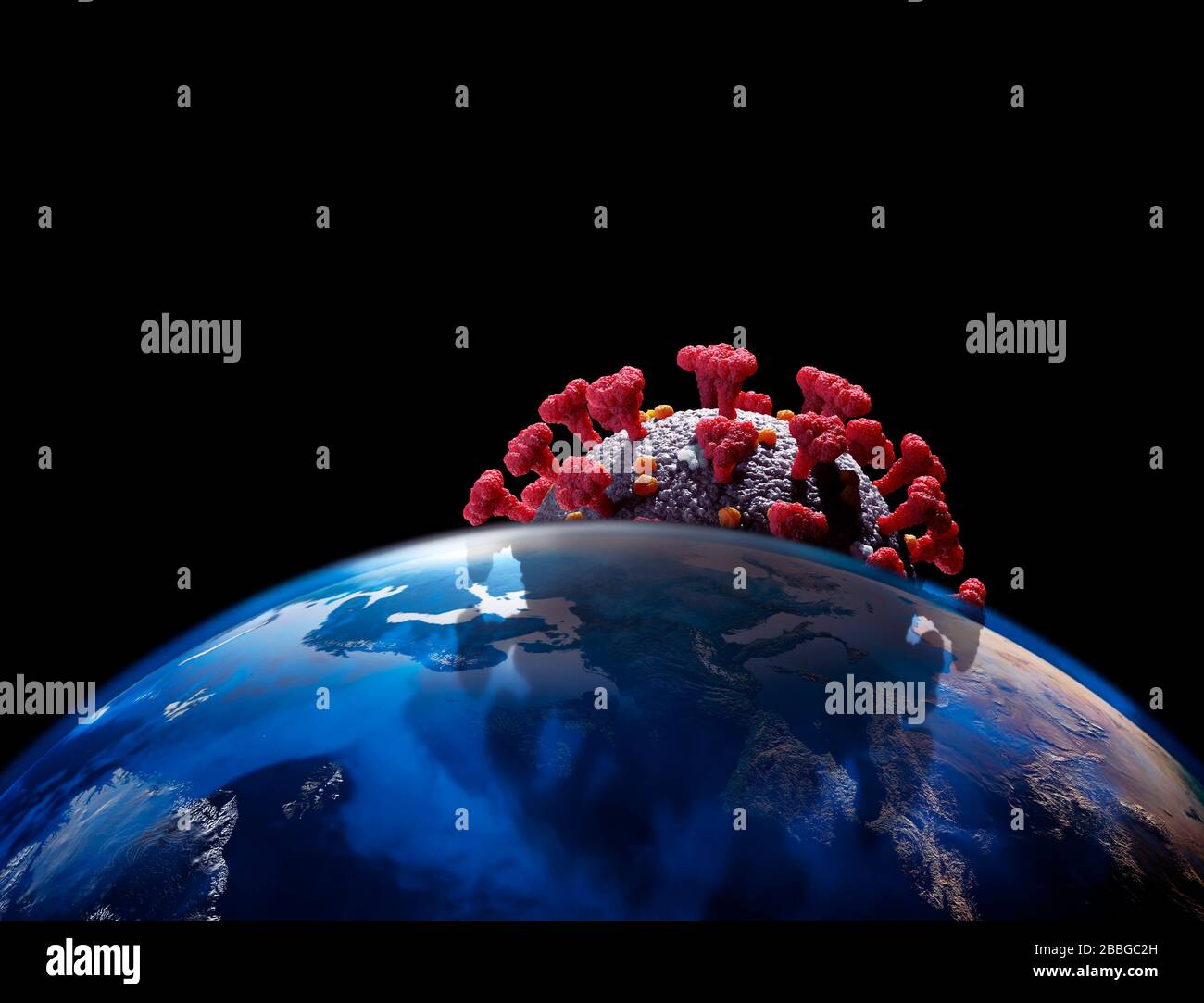 Coronavirus COVID-19 wirft Schatten über die Welt. Konzeptionelle 3D-Darstellung des Viruspartikels hinter dem Planeten Erde. Globale Virusepidemie, g Stockfoto