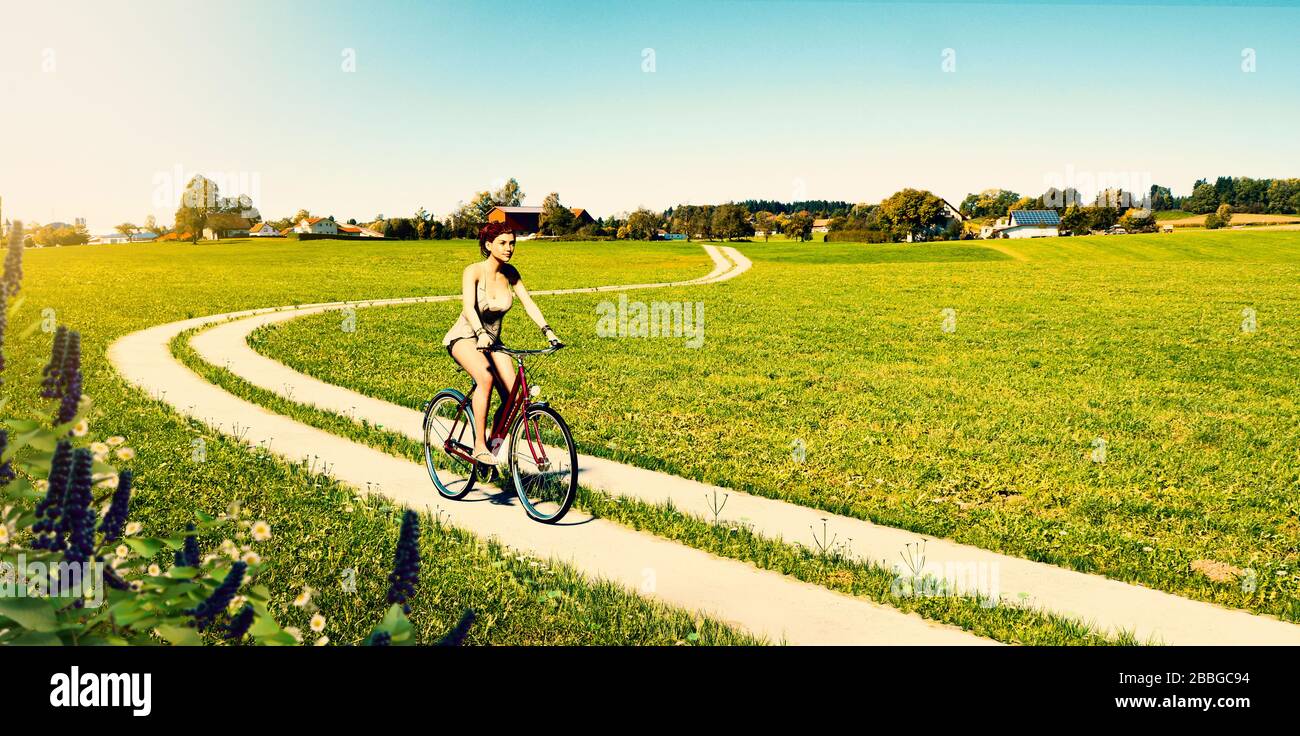 Hübsche junge Frau mit Fahrrad im Land und Sommersonne, mit 3D-Render-Elementen. Stockfoto