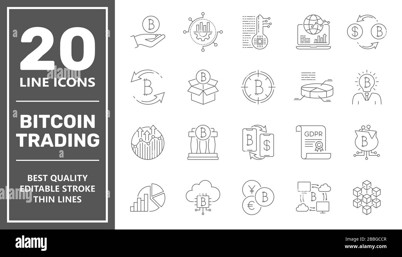 Bitcoin-Handelssymbole. Digitales Geld, Bitcoin-Vektorlinien-Symbole, minimales Piktogrammdesign, bearbeitbarer Hub. EPS 10. Stock Vektor