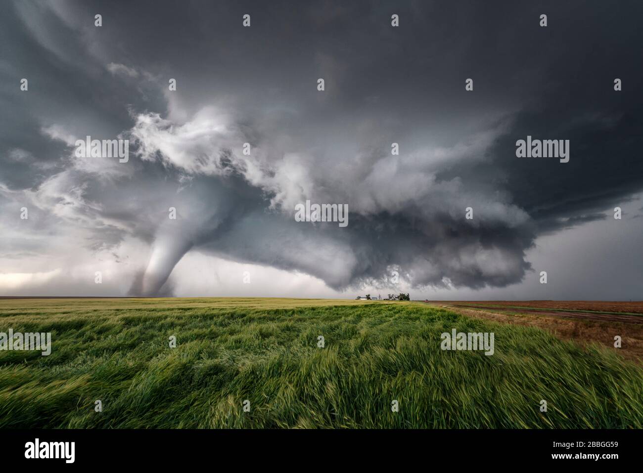 Tornado, der sich über ein Feld in Dodge City Kansas Vereinigte Staaten hinabtagt Stockfoto