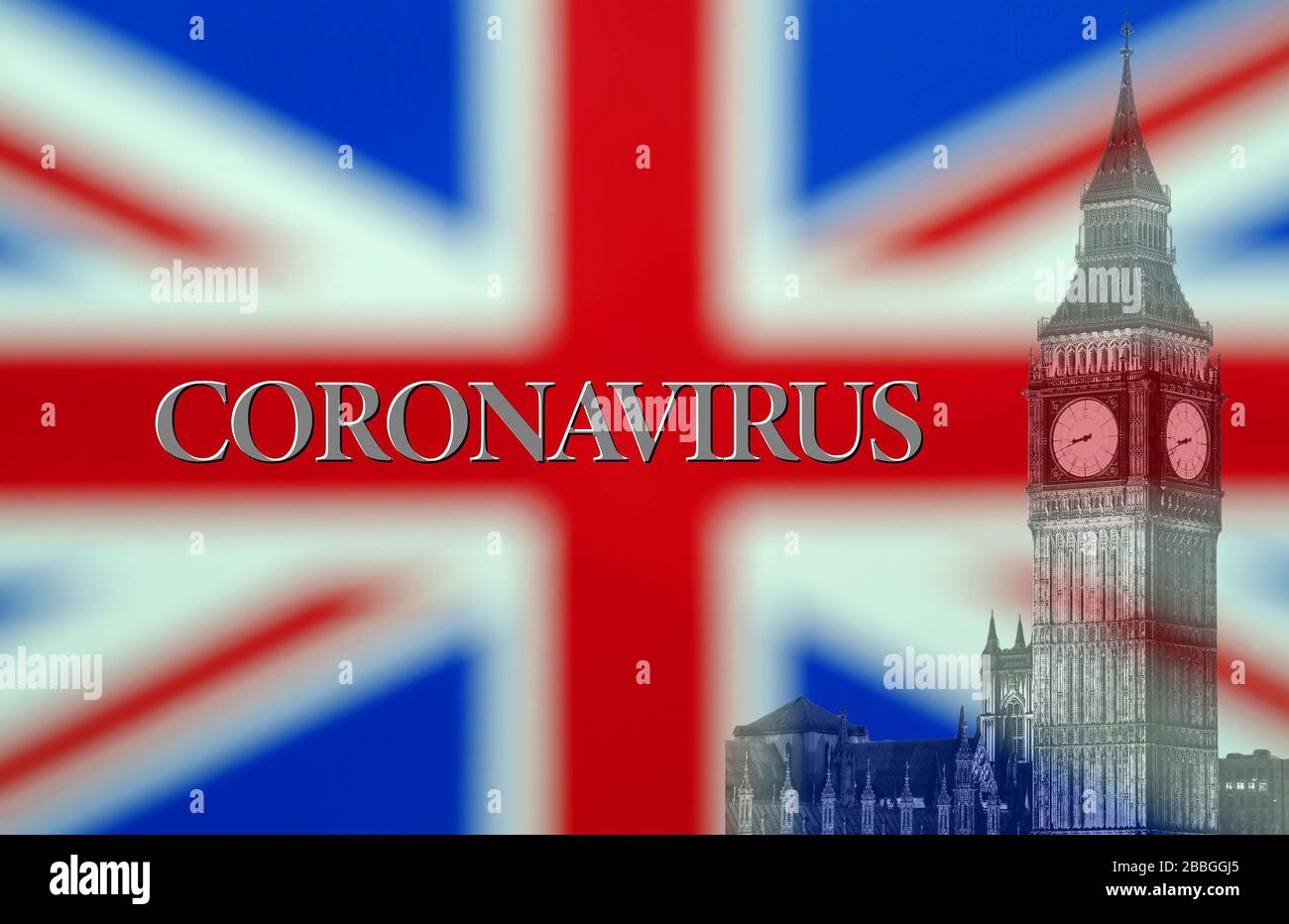 Coronavirus oder Covid 19 Outbreak, England UK, Composite with British Union Jack Flag Stockfoto
