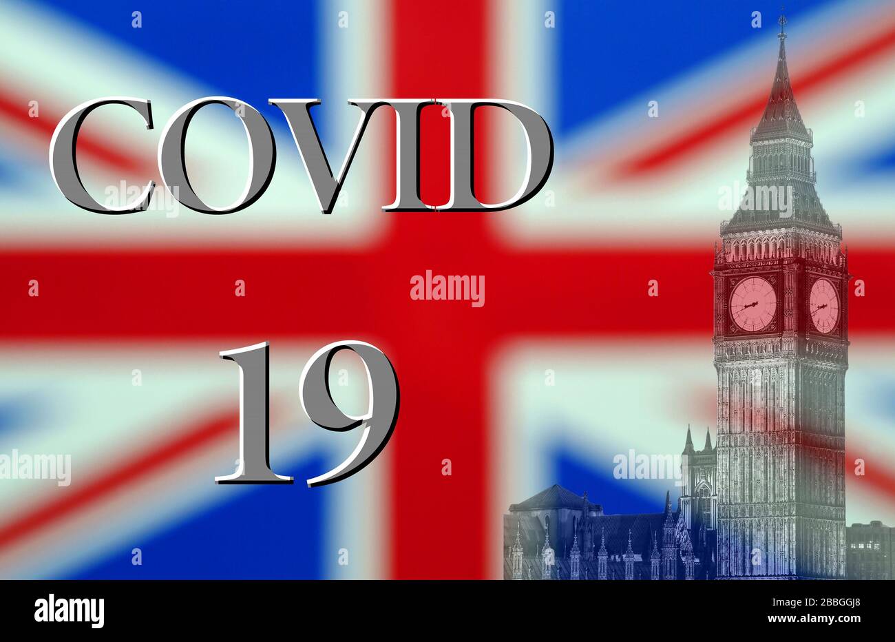 Coronavirus oder Covid 19 Outbreak, England UK, Composite with British Union Jack Flag Stockfoto