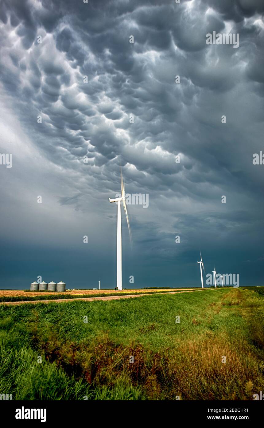 Sturm mit Mammatuswolken über Windkraftanlagen im Süden Manitobas Kanadas Stockfoto