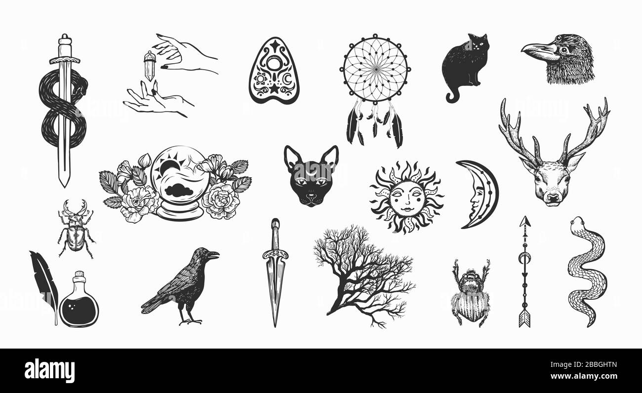 Handgezeichnete okkulte Symbole auf weißem Hintergrund. Stock Vektor