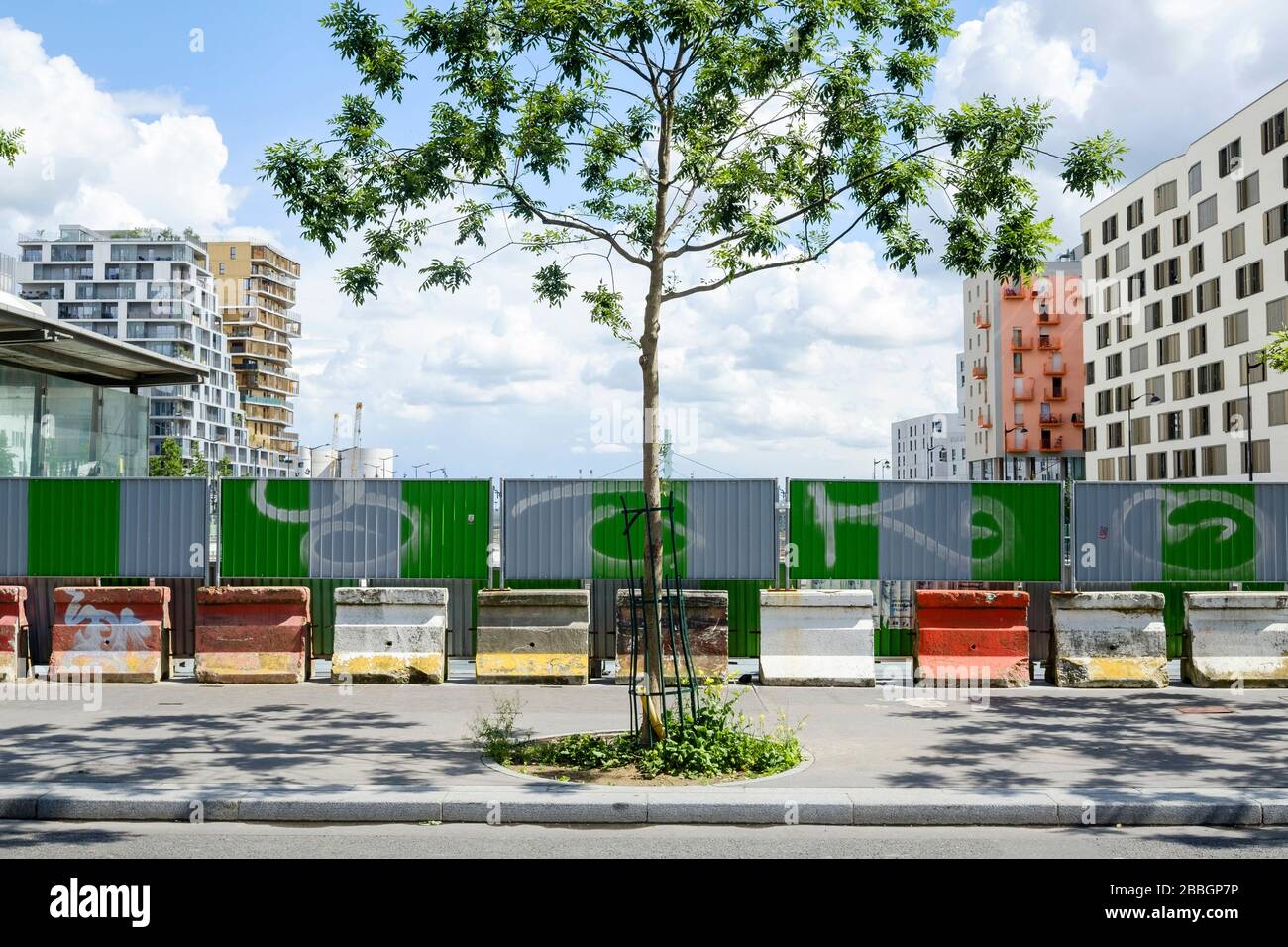 Baum auf der Rue des Grands Moulins, Paris, zwischen Avenue de France auf der linken Seite und Rue Louise Bourgeois auf der rechten Seite Stockfoto