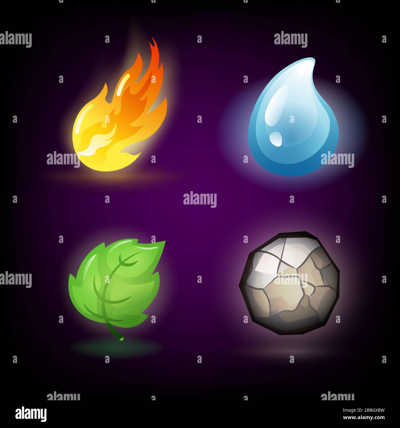 Vier Kräfte oder Naturelemente - Wasser, Feuer, Erde, Luft. Designelemente auf dunklem Hintergrund. Vorlagen für Logos für erneuerbare Energien oder Ökologie, Embleme Stock Vektor