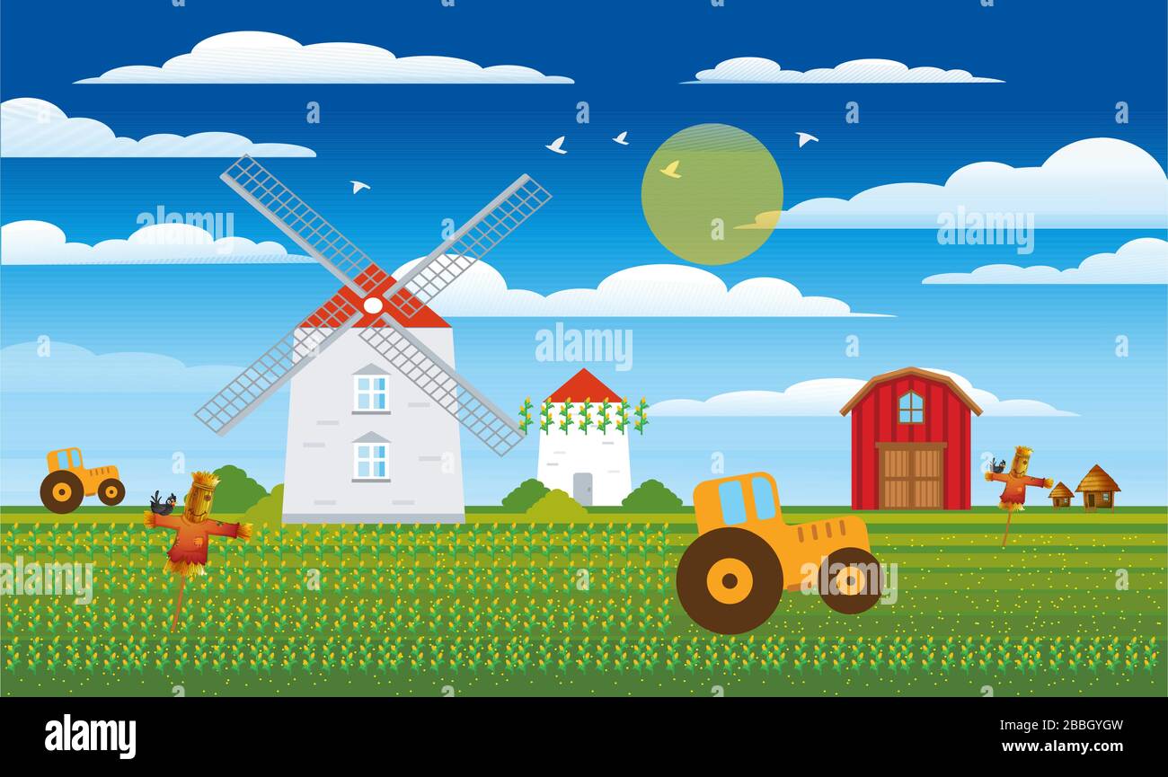 Blick auf den Bauernhof mit Getreide und Fahrzeugen Stock Vektor