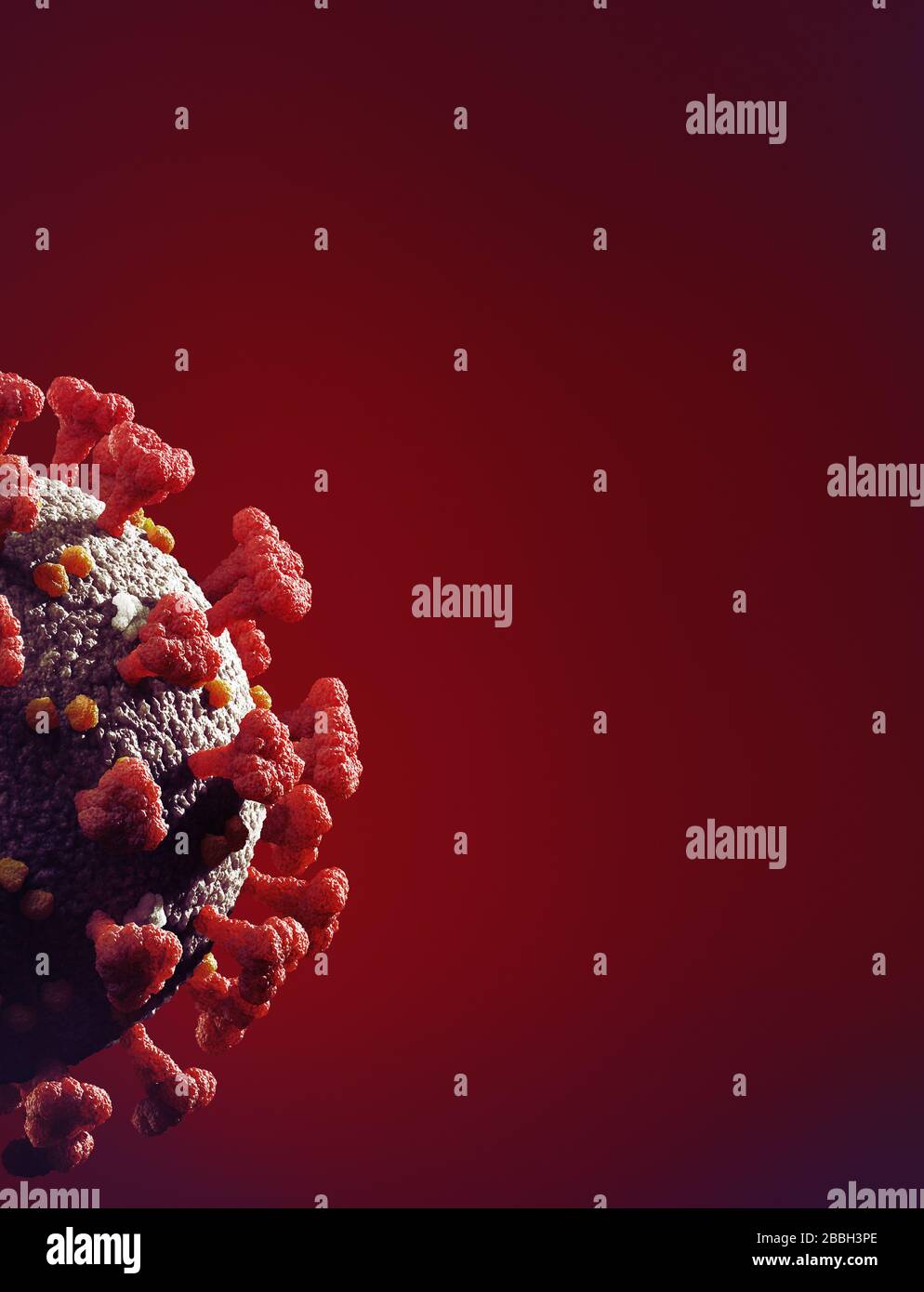 Coronavirus, COVID-19, Corona-Viruspartikel auf dunkelrotem Hintergrund mit Copyspace. Wissenschaftliche medizinische 3D-Darstellung des Virus SARS-COV-2. Stockfoto