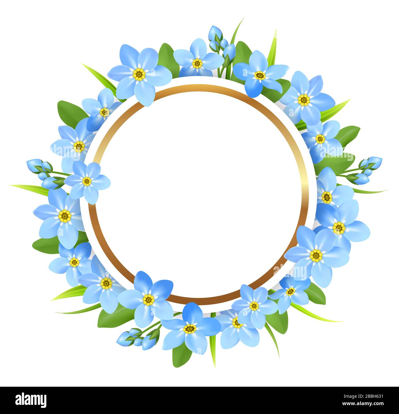 Dekorativer goldener Rundrahmen mit blauen Blumen. Frühlings-Blumenhintergrund für saisonalen Verkauf. Stockfoto