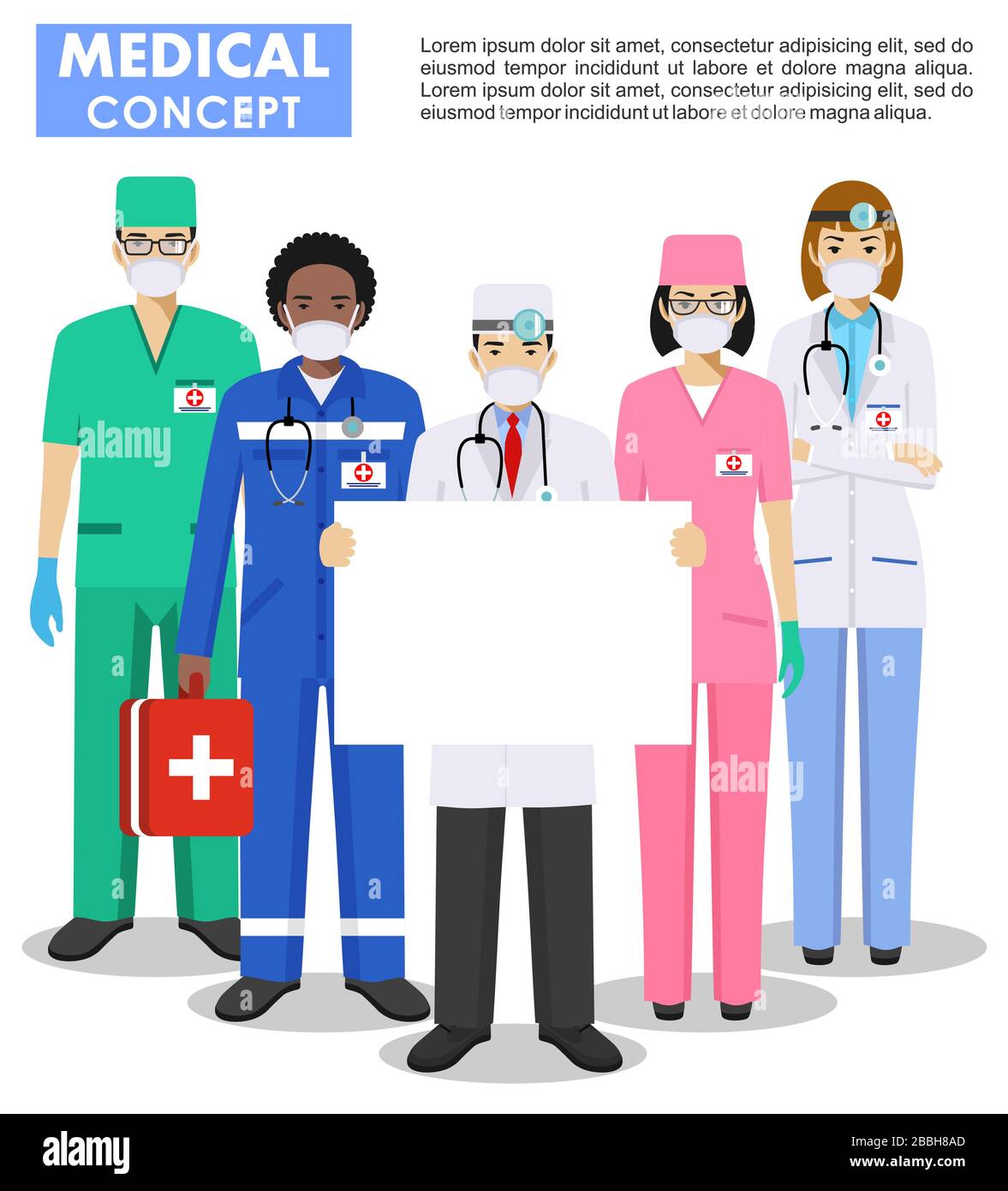 Medizinisches Konzept. Detaillierte Darstellung von Arzt und Krankenschwestern in Schutzmasken. Ärztegruppe Mann und Frau stehen zusammen und halten leer Stock Vektor