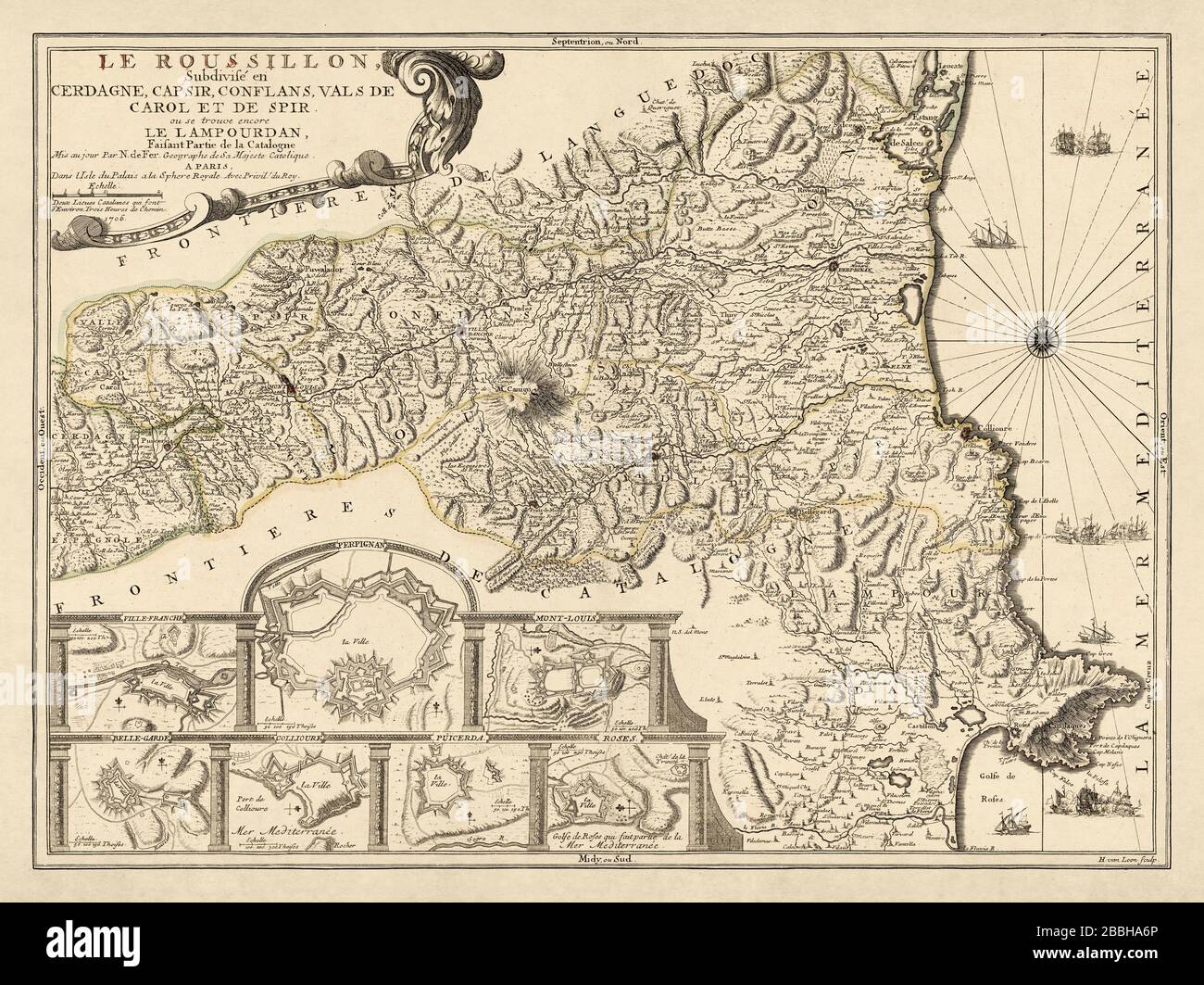 Alte Karte des Roussillon des französischen Graveurs und Kartografen Nicolas de Fer aus dem Jahr 1706 vor der französischen Revolution. Stockfoto