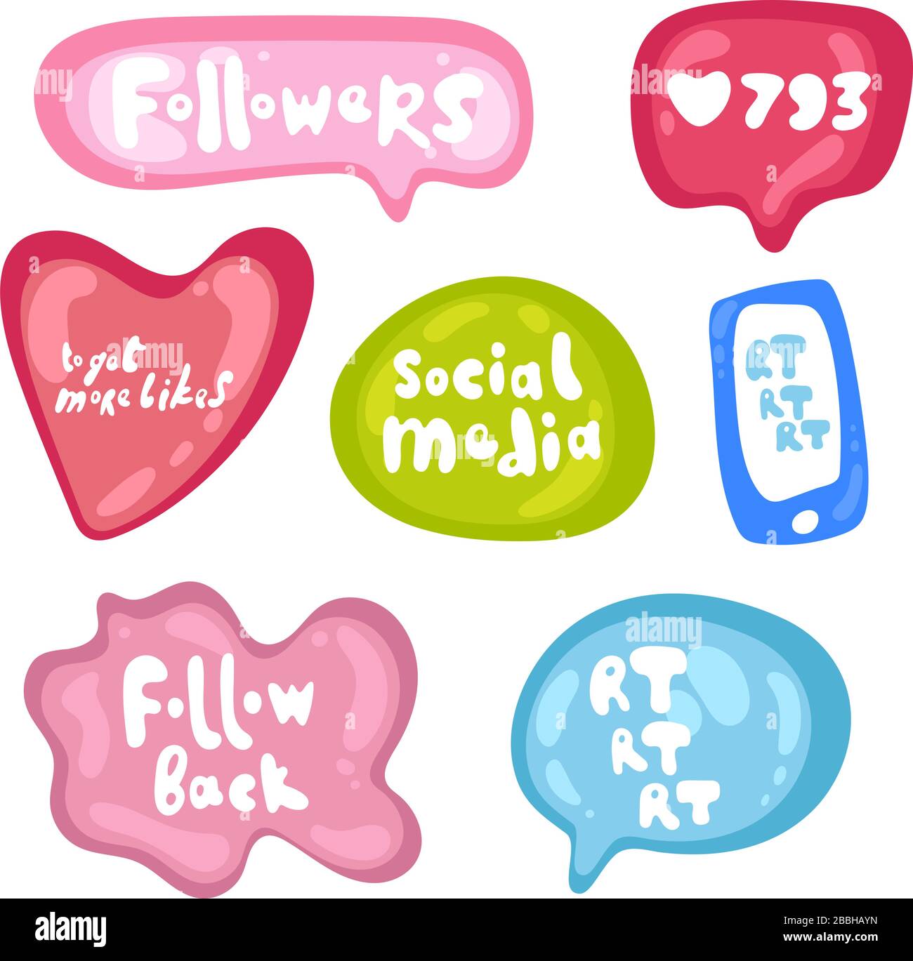 Kollektion von mehrfarbigen, glänzenden Vektor-Aufklebern auf weißem Hintergrund. Teenager millenials Kultur. Aufklebersatz in verschiedenen Formen. Cooler Ausdruck Stock Vektor