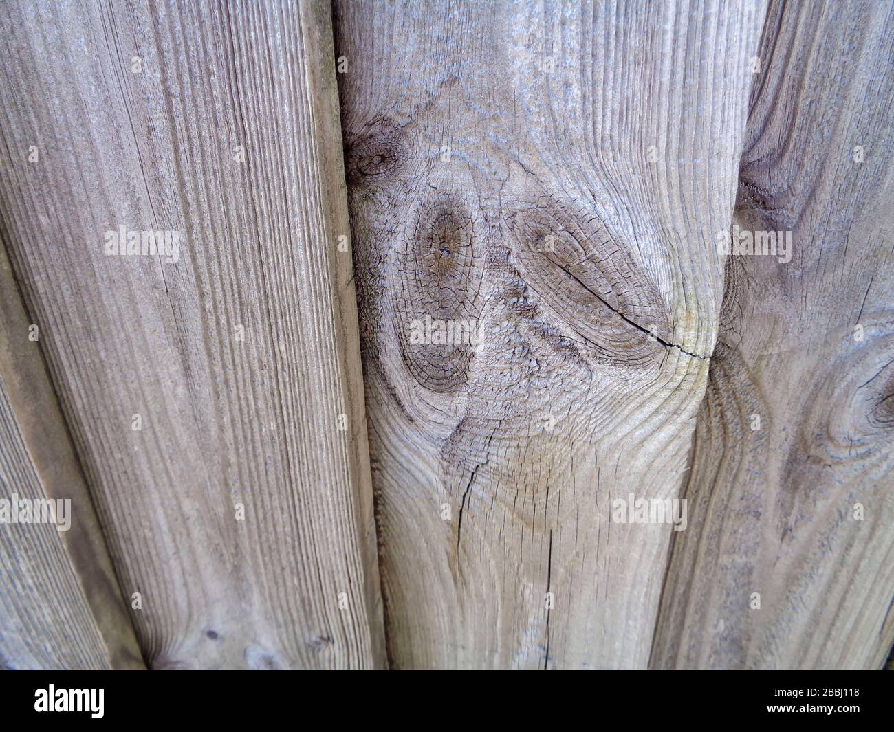 Abstrakte Nahaufnahme von verwitterten Holzpaneelen mit Knoten in den aufrechten überlappenden Brettern Stockfoto