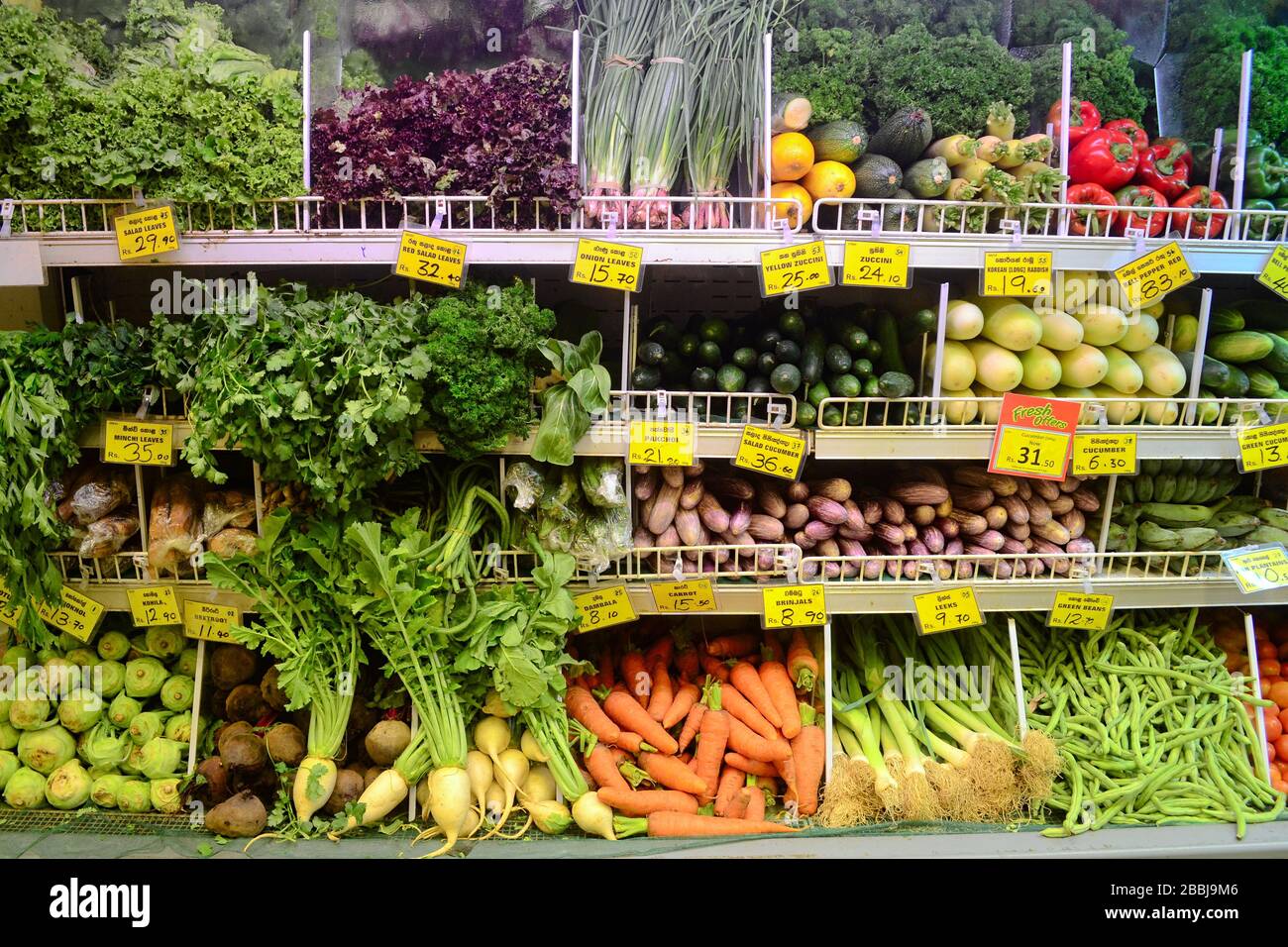 Lokales Gemüse mit Preisschildern im Supermarkt. Kandy, Sri Lanka Stockfoto