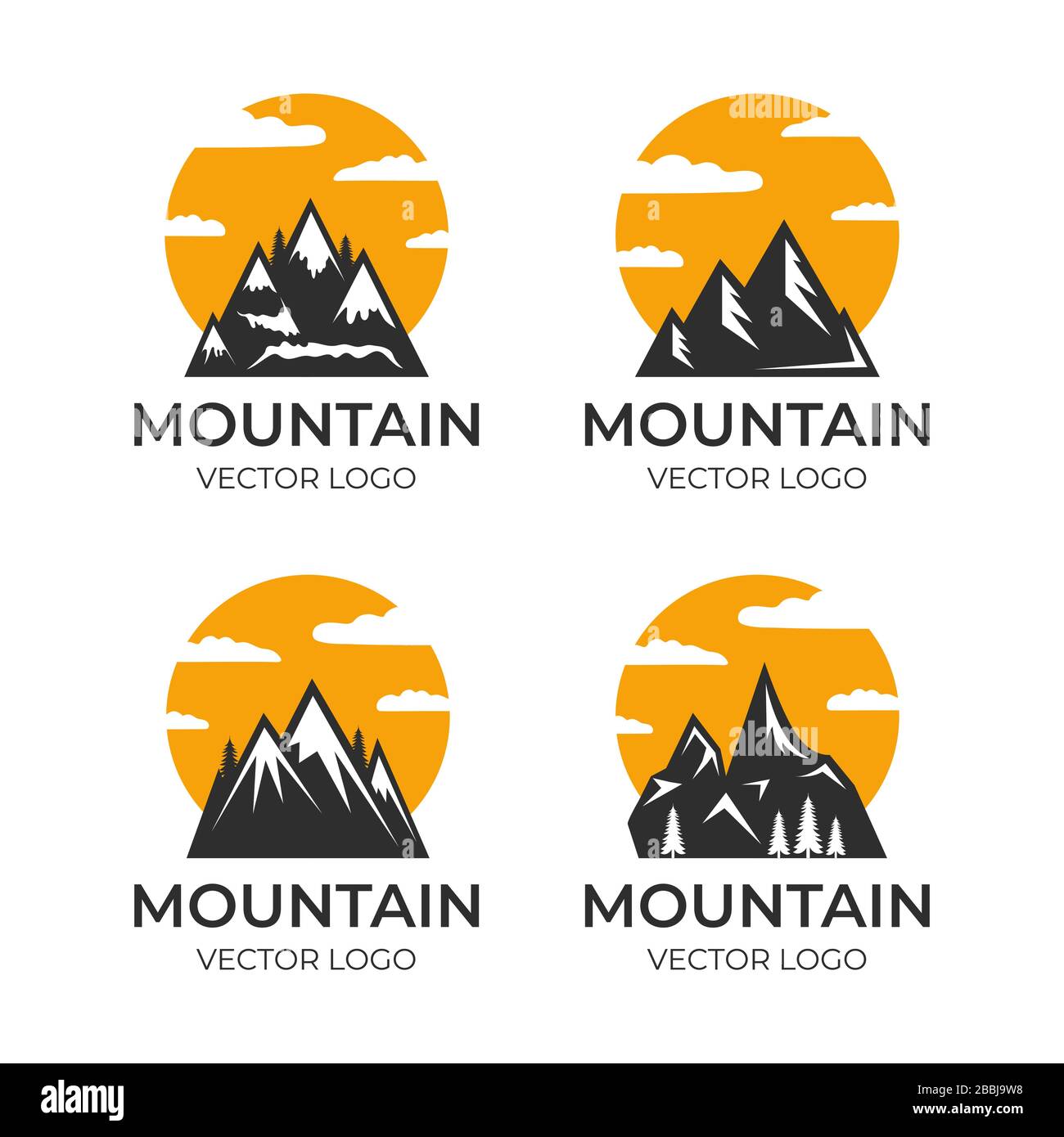 Design mit Bergvektor-Logo. Silhouetten von Felsenbergen mit bewölktem Himmel. Aktivitäten im Freien, Reisen in den alpen, Leben in der Natur im Freien, Camping, Wandern auf dem Berg Abzeichen Vorlagen. Stock Vektor