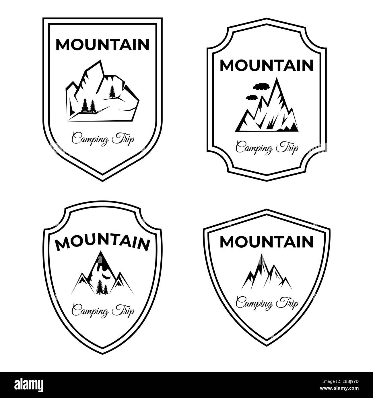 Set aus Berg- und Camping-Trip-Vector-Logo-Designs. Spitzen von Mounts mit Textbereich. Aktiver Lebensstil, Wandern, Klettern, Leben in der Natur, Reisen in alpen Ikonen isoliert auf weißem Hintergrund. Stock Vektor