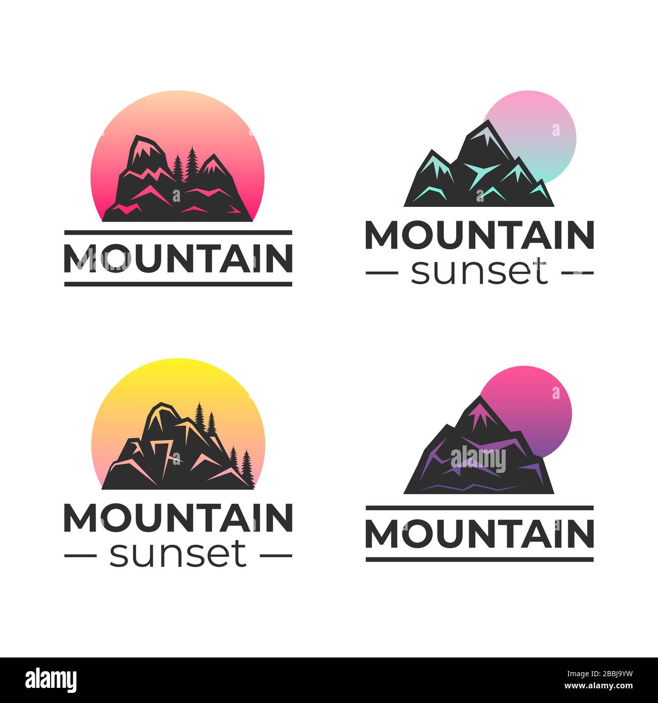 Vektorgrafiken für den Sonnenuntergang in den Bergen. Silhouetten von Felsenbergen mit aufsteigender Sonne für Logo Icons Design. Aktivitäten im Freien, Reisen in den alpen, Camping-Unternehmen, Wandern auf den Bergen Abzeichen Vorlagen. Stock Vektor