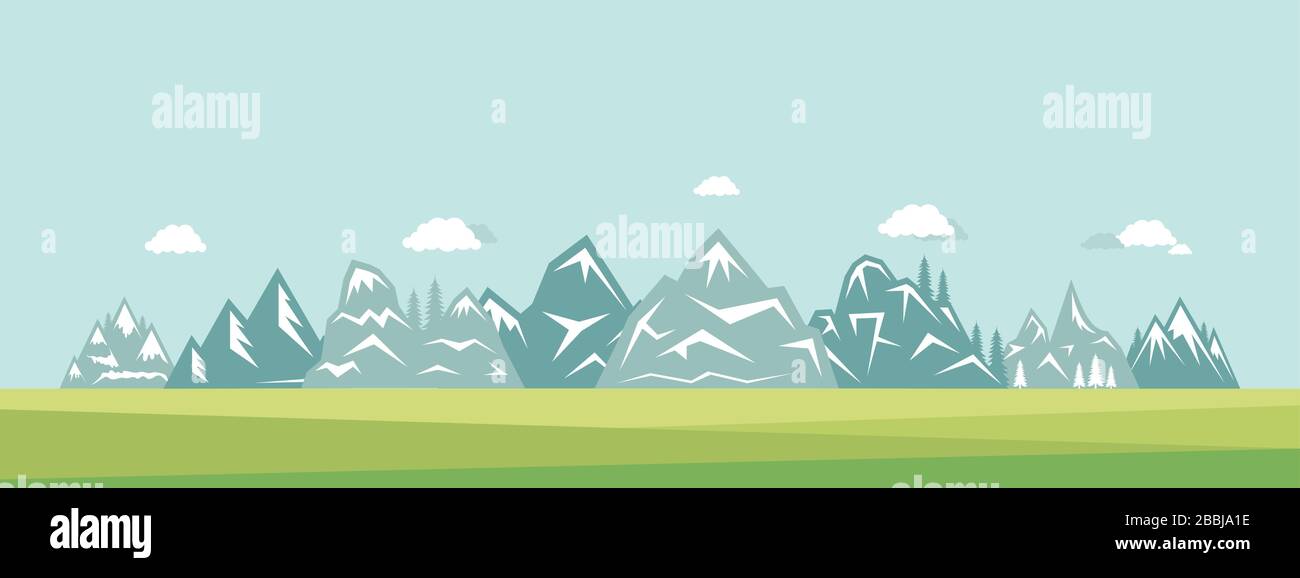 Vektor-Ebene Darstellung der Berglandschaft. Natur, Wolken, Gras und Berge Vorstadtsicht. Aktiver Lebensstil, Reisen, Leben in der Natur im Freien, Camping, Wandern auf einem Hügel Hintergrund. Stock Vektor